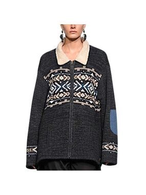 Laundromat pure wool made in Nepal grey fair isle fleece lined sweater coat XXL